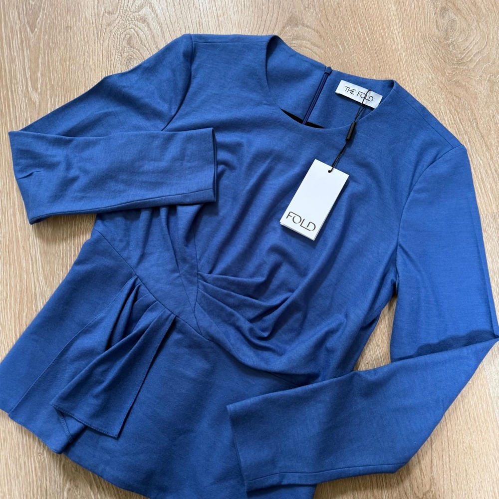 The Fold Calverley Top Women 10 Blue Virgin Wool Draped Peplum Long Sleeve New